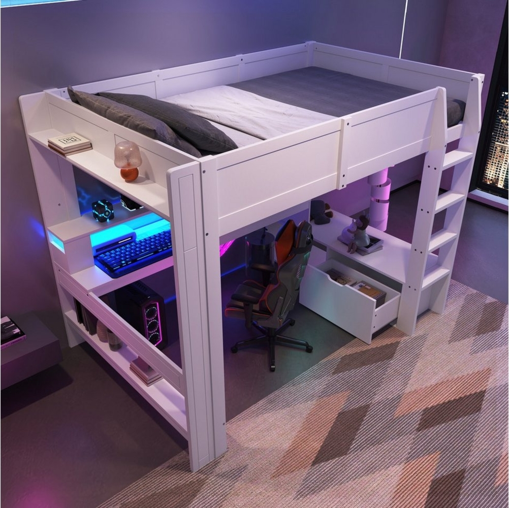 Ulife Hochbett Kinderbett Jugendbett Gaming Bett mit LED-Beleuchtung, Schreibtisch (Ohne Matratze) Schublade, Regale, 140 x 200 cm Bild 1