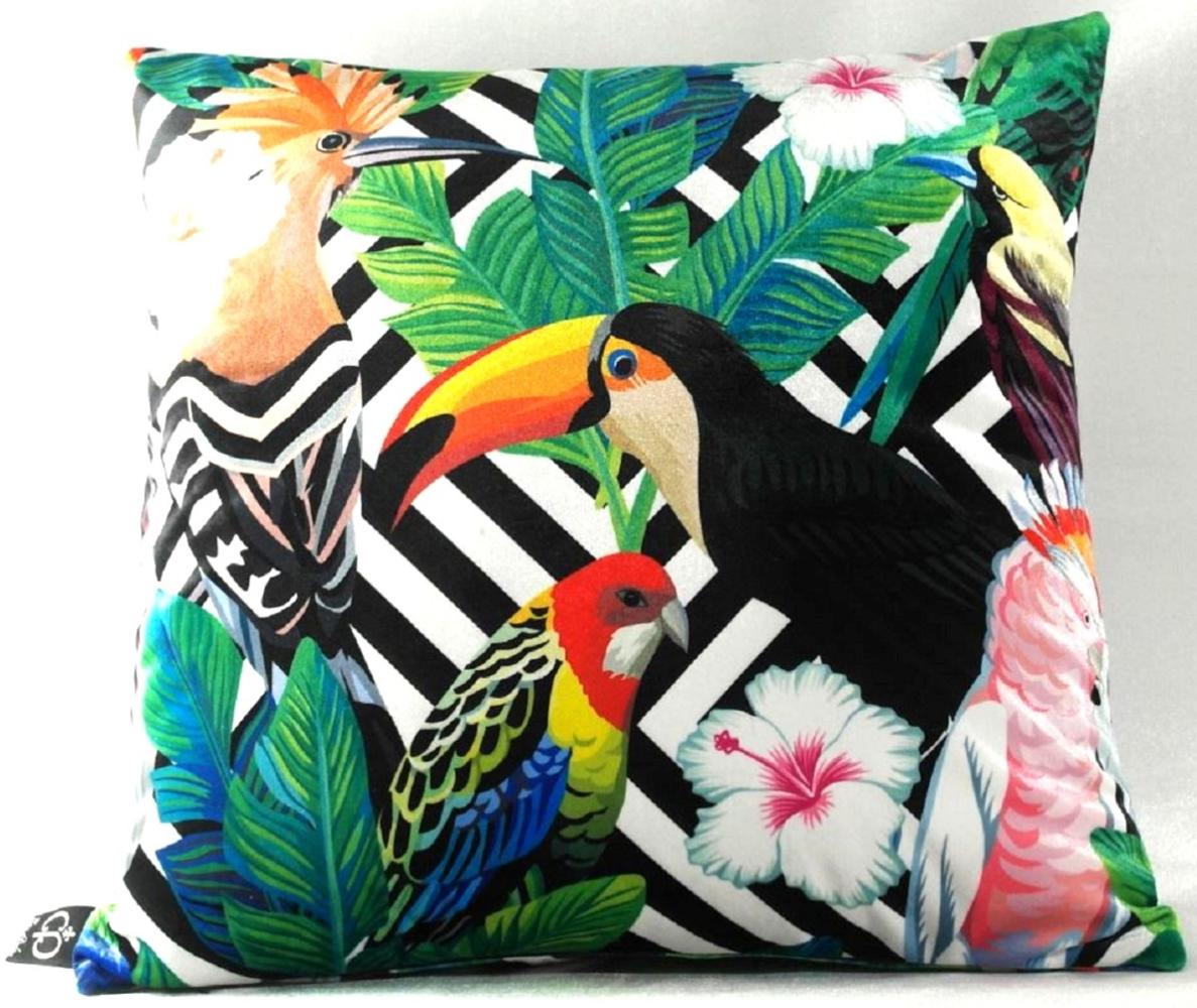 Casa Padrino Luxus Kissen Miami Parrots & Flowers Schwarz / Weiß / Mehrfarbig 45 x 45 cm - Feinster Samtstoff - Wohnzimmer Deko Zierkissen Bild 1