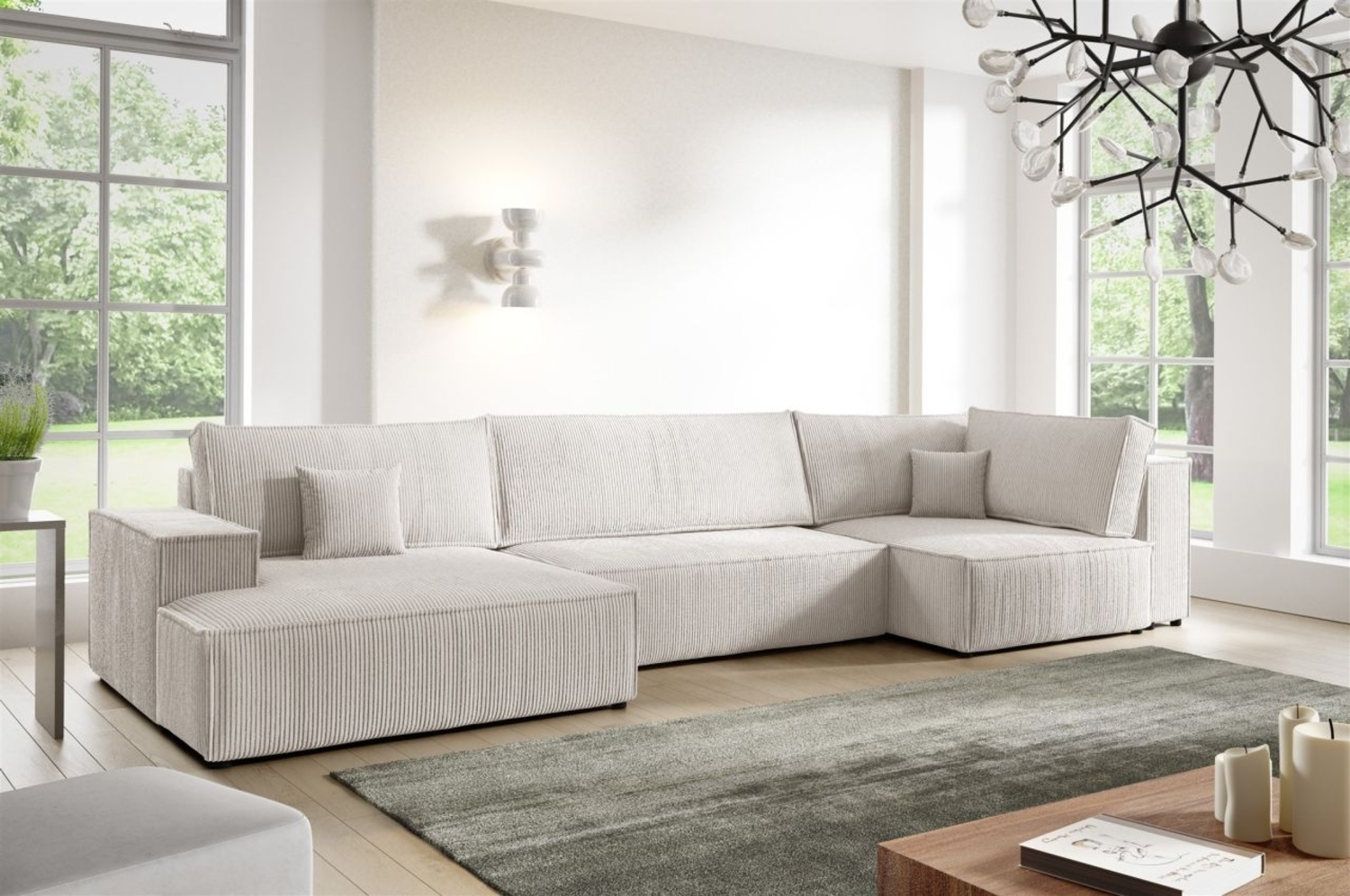 Wohnlandschaft Schlafsofa CORUNIA Stoff Poso Altweiß Ottomane Links Bild 1