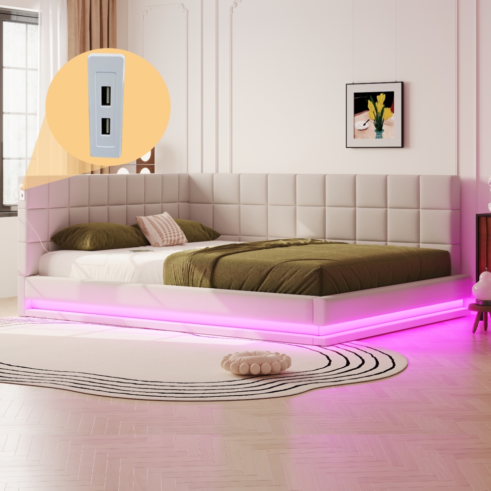 Polster Schlafsofa mit LED-Beleuchtung & USB-Ladefunktion, wandelbar,stabiler Lattenrost,bis 250kg belastbar,Beige Bild 1
