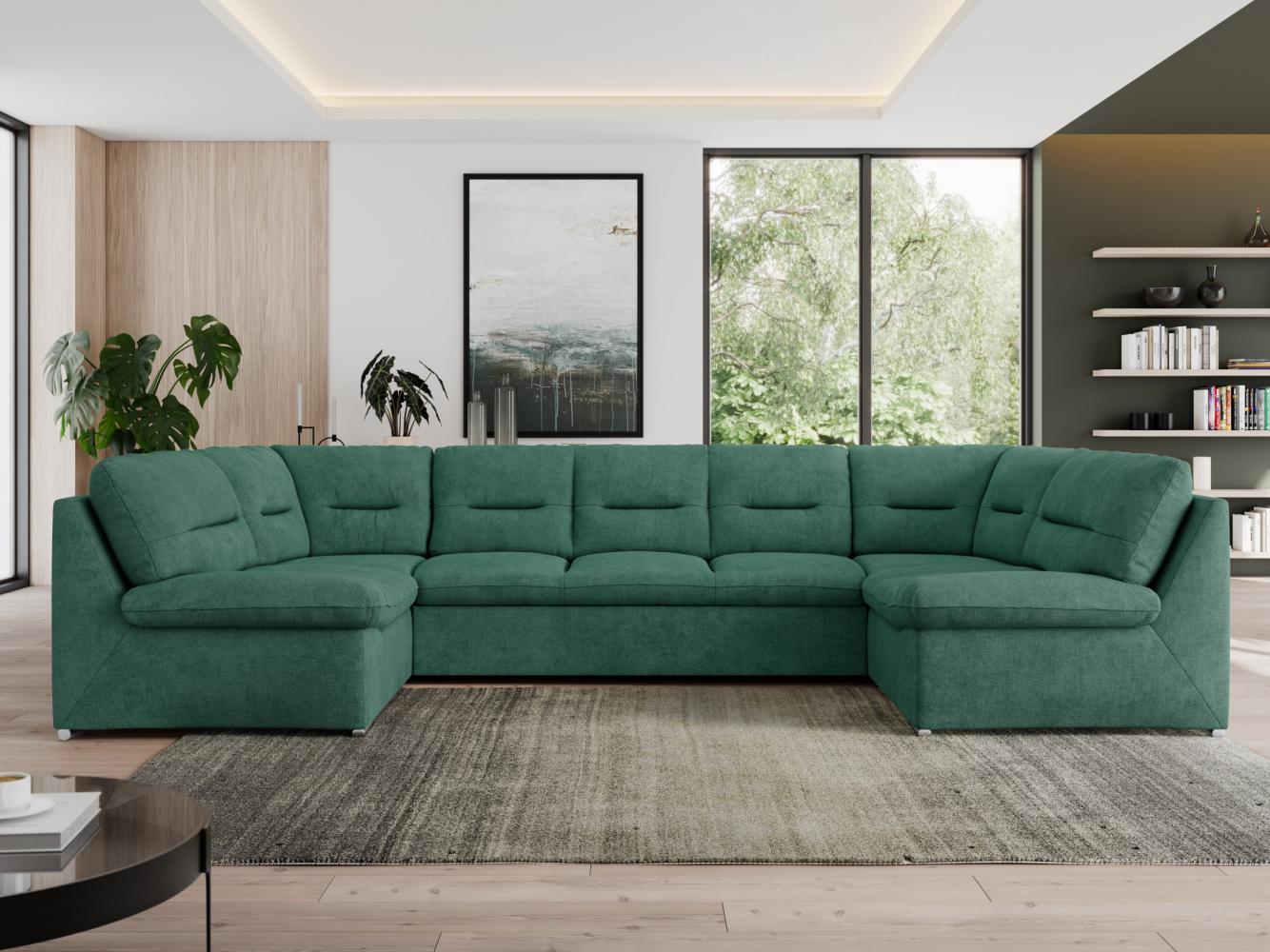 U-förmige Ecksofa, Bigsofa mit schlaffunktion, Wohnlandschaft XXL - MORBIDO U - Grün Stoff - Topper T25 Bild 1