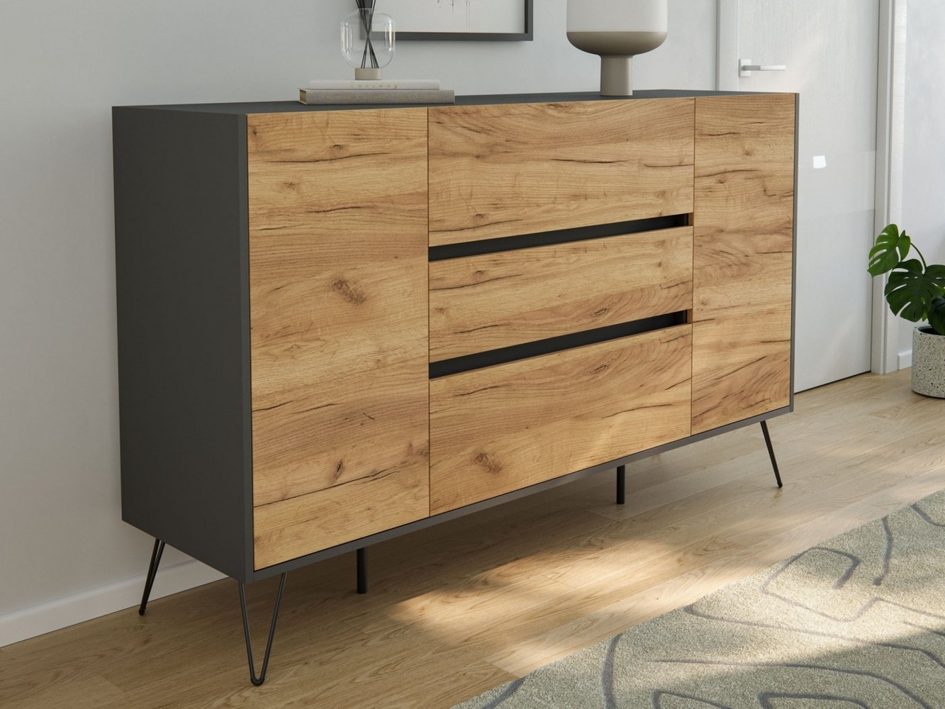 Magnolia Home Sideboard Sideboard Kommode Lovo 155cm Greifraum 3 SoftClose 2 Türen Grafit/Eich Bild 1