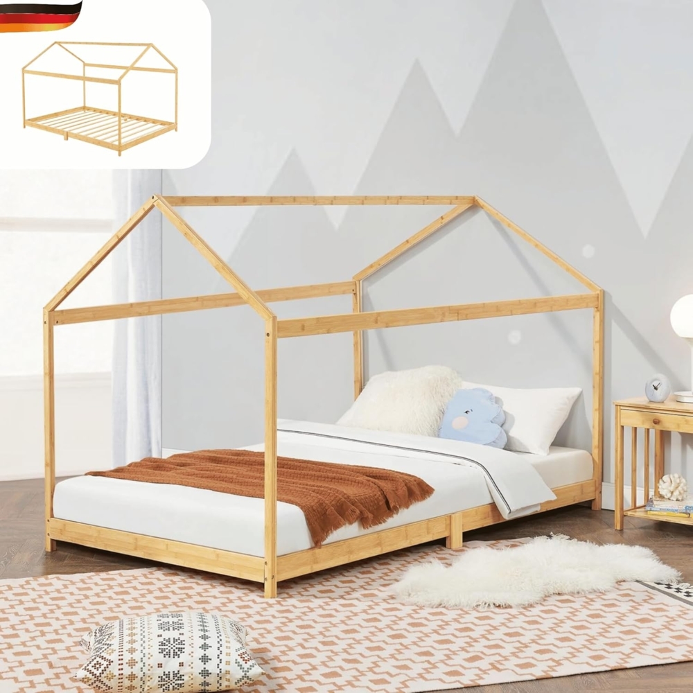 DELUKE® Kinderbett 90x200 cm BAMBUS Haus-Optik - mit Lattenrost Einzelbett Hausbett Kinderzimmer Bodenbett Montessori Bett Bambusbett Jungen/Mädchen Braun Bild 1