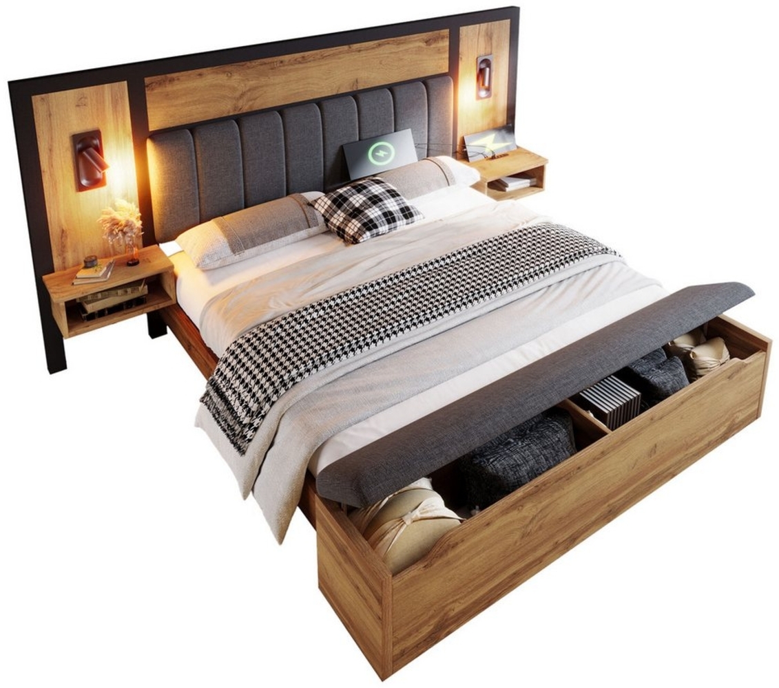 MODFU Massivholzbett mit Bettgestell Lattenrost (Struraumbett, Doppelbett, Funktionsbett, 1-tlg, 180×200cm, mit Matratze), mit Leselampe und USB/Type-C Nachttisch und Sitzbank mit Stauraum Bild 1