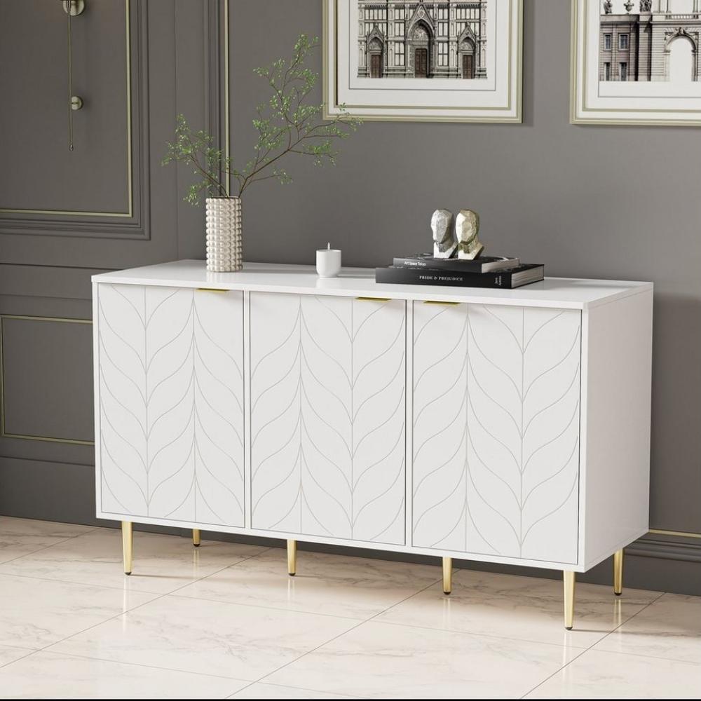 BlingBin Sideboard Modernes Nachttisches 2 Etagen und 6 Fächer 127B*45T*75H, weiß (Kommode für Schlafzimmer, Wohnzimmer und Badzimmer), mit vergoldeten Beinen und Griffen Bild 1