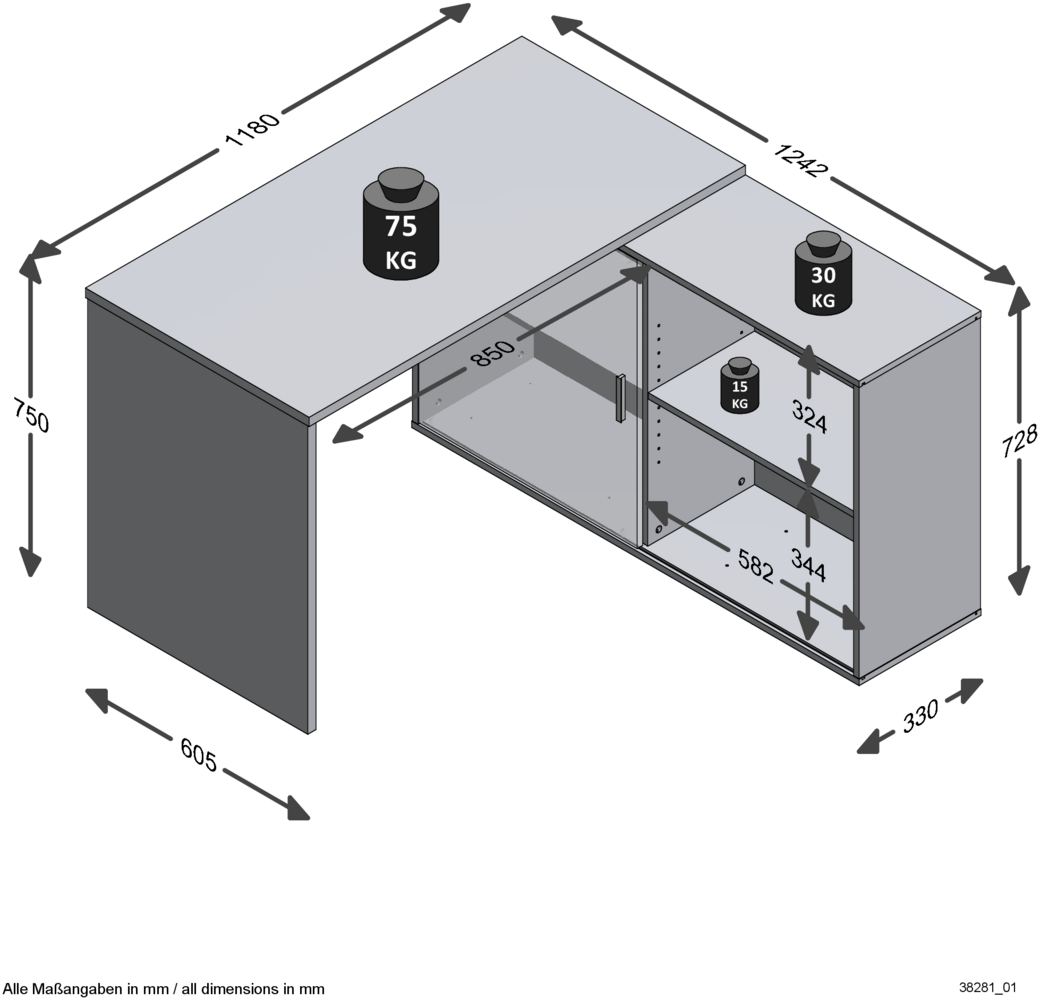 FMD Möbel - VALLEY - Schreibtisch - melaminharzbeschichtete Spanplatte - Artisan Oak / schwarz perl - 118 x 75 x 124,5cm Bild 1
