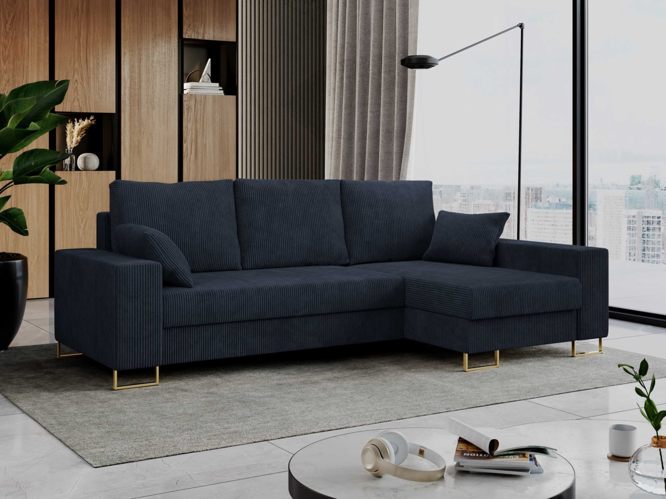 Mks Möbel 'Dorian L-Form' Ecksofa  mit Bettkasten, 242 x 138 x 95 cm, Dunkelblau, Cord Bild 1