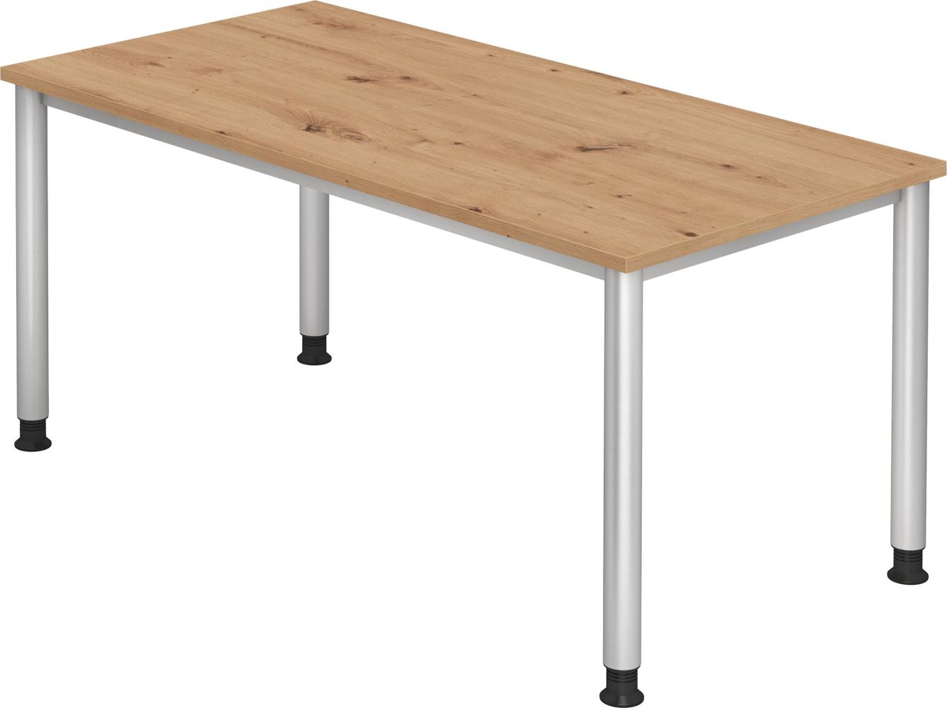 bümö höhenverstellbarer Schreibtisch H-Serie 160x80 cm in Asteiche, Gestell in Silber - PC Tisch für's Büro manuell höhenverstellbar, Computertisch verstellbar, HS-16-R Bild 1