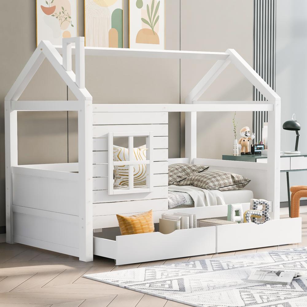 Merax Hausbett Kinderbett Jugendbett 90*200 mit Rausfallschutz vielseitiges Holz Kinderbett für Jungen & Mädchen, Massivholz Kinder Bett mit Rausfallschutz Fenster und Lattenrost, weiß Bild 1