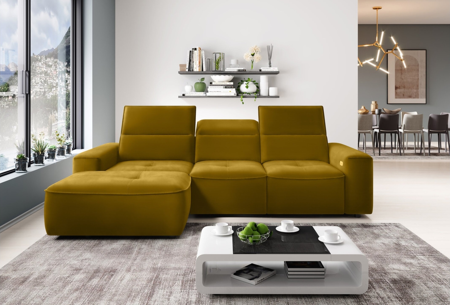 Stylefy Colton MINI Ecksofa Velours Gelb Links Bild 1