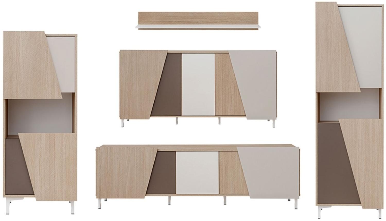 Wohnzimmer Set Viste Anbauwand 5-teilig 2x Standvitrine scandi Trüffel Taupe Weiß Hochglanz Bild 1