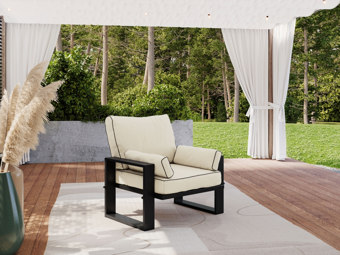 Gartensessel mit Armlehnen, Sessel auf schwarzen Metallbeinen, Rückenkissen - ELBA S1 - beige Bild 1