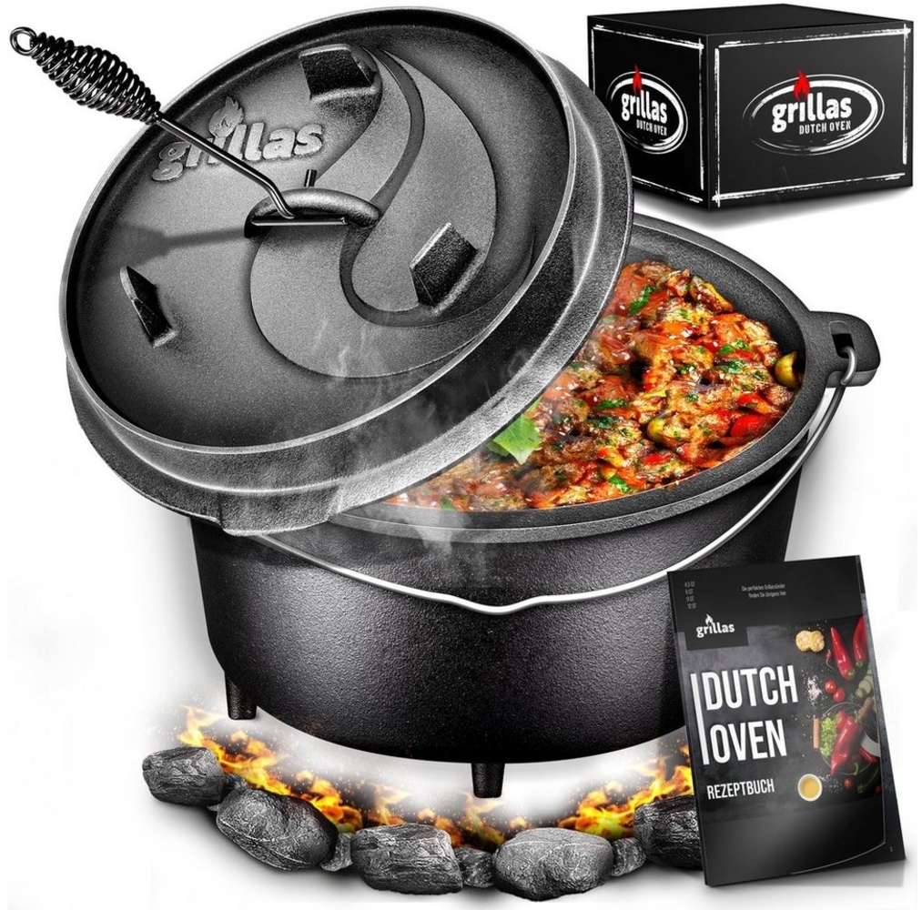 grillas® Dutch Oven Set 4,2 Liter / Topf mit Füße Deckelheber BBQ Gusseisen Feuertopf Gusstopf Schmortopf Bild 1