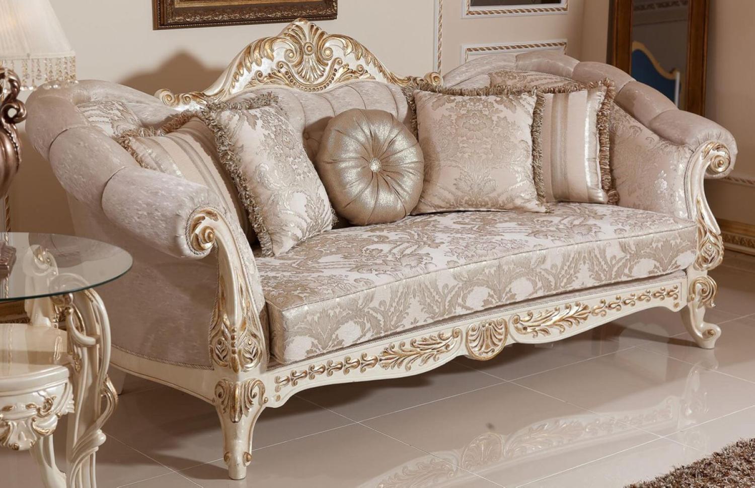 Casa Padrino Luxus Barock Sofa Grau / Silber / Weiß / Gold - Handgefertigtes Barockstil Wohnzimmer Sofa mit elegantem Muster - Prunkvolle Barock Wohnzimmer Möbel Bild 1