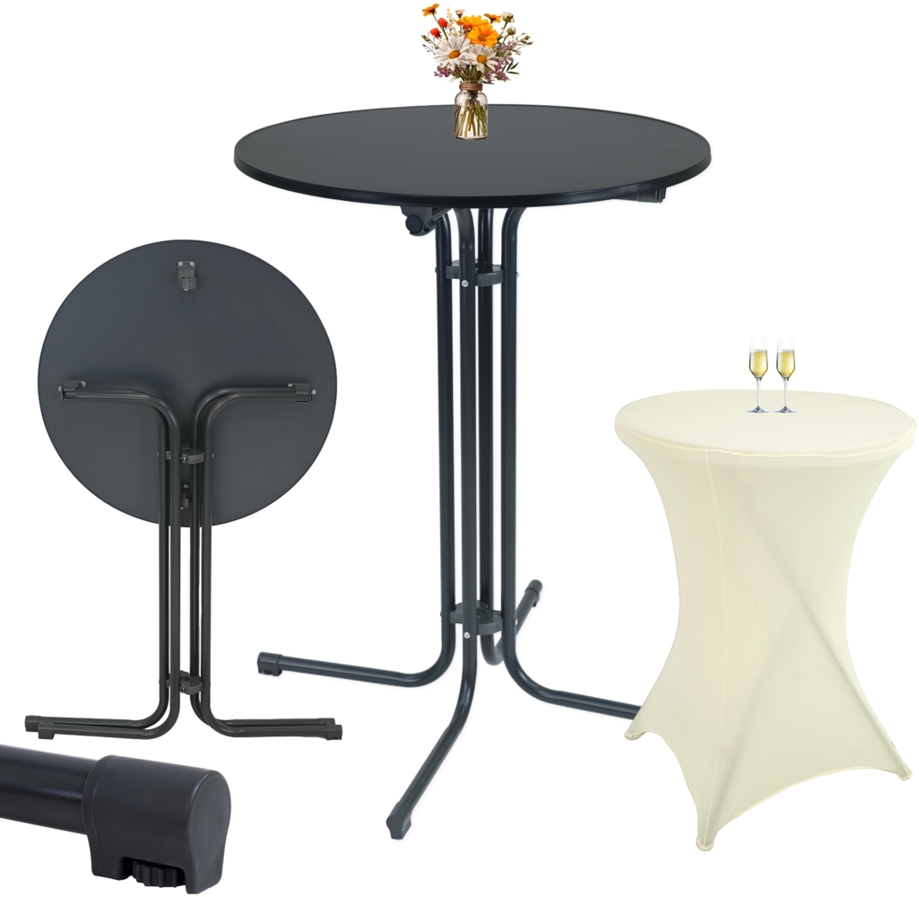 Set Stehtisch klappbar Ø 80 cm in Anthrazit & Husse in Beige bügelfrei für Gastrotisch Bistrotisch Bild 1