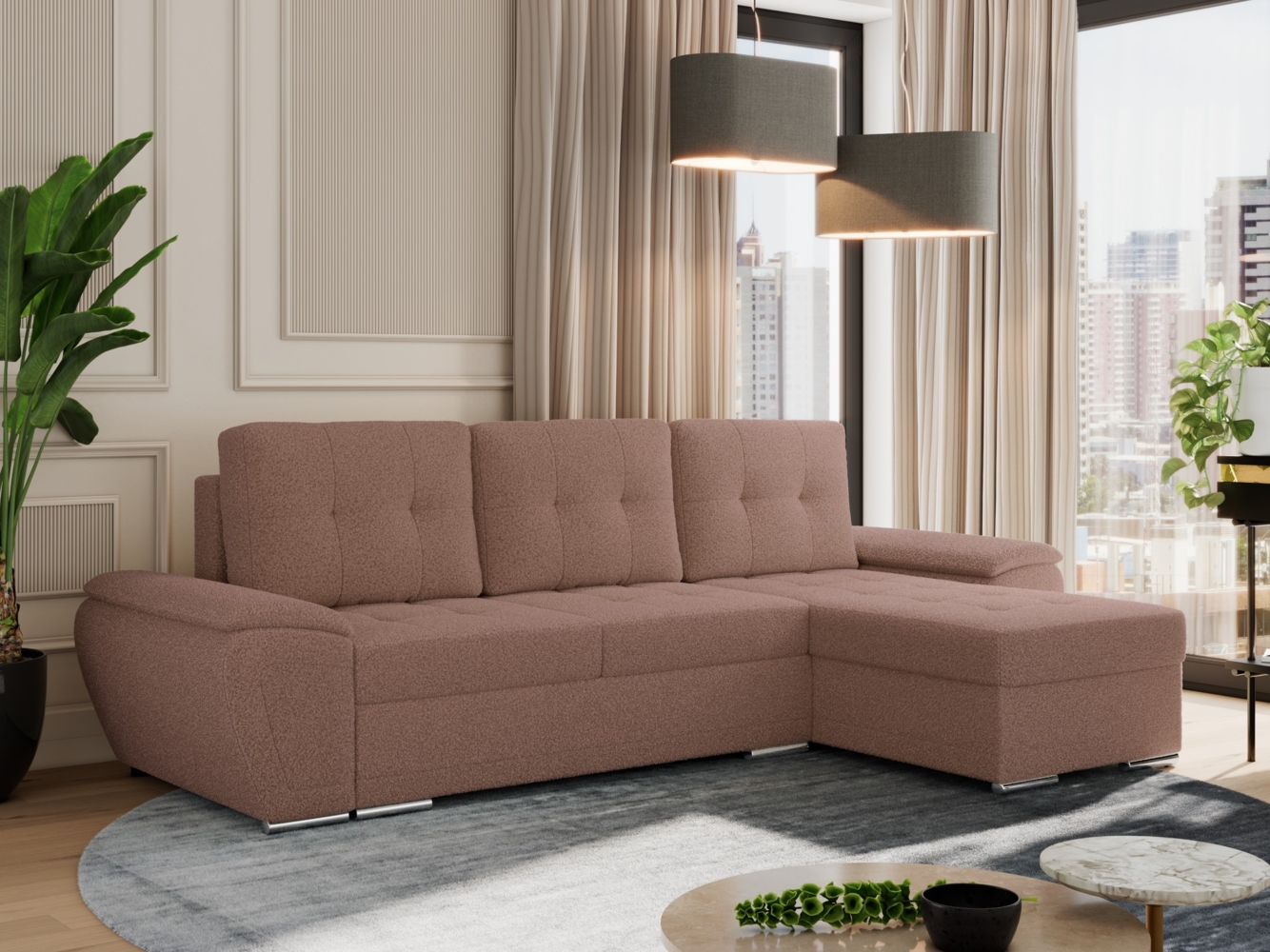 Universelles Ecksofa mit Schlaffunktion, Bettkasten und losen Kissen, gesteppte Sitzfläche - UMBRIA - Rosa Boucle Bild 1