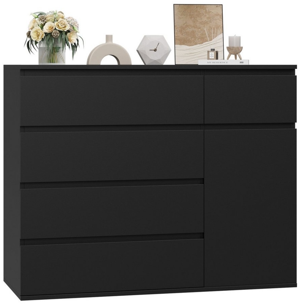 Homfa Kommode schwarz mit 5 Schubladen und 1Tür, Sideboard Schubladenschrank holz 100x80x40cm Bild 1