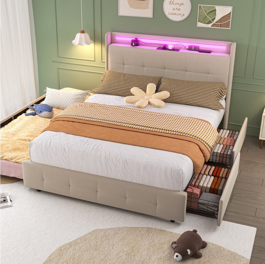 KLAM HOME Polsterbett Doppelbett Stauraumbett mit Ausziehbett 140x200 cm mit 2 Schubladen, Funktionbett 140/160x200 cm mit USB-Steckdose und LED-Beleuchtung Bild 1