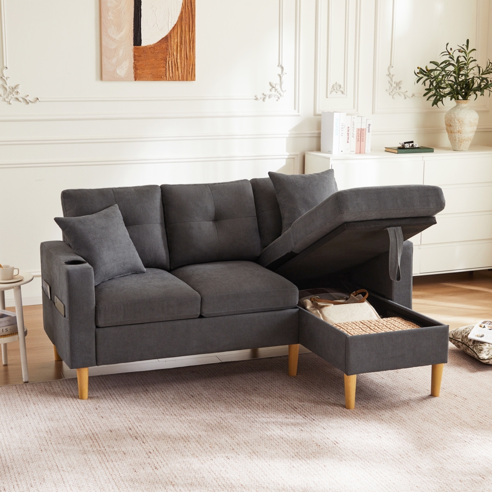 Merax L-förmiges modernes Sofa, 3-Sitzer-Sofa mit Chaiselongue, Stauraum, integriertem Getränkehalter, wird mit 2 Kissen geliefert, Dunkelgrau Bild 1