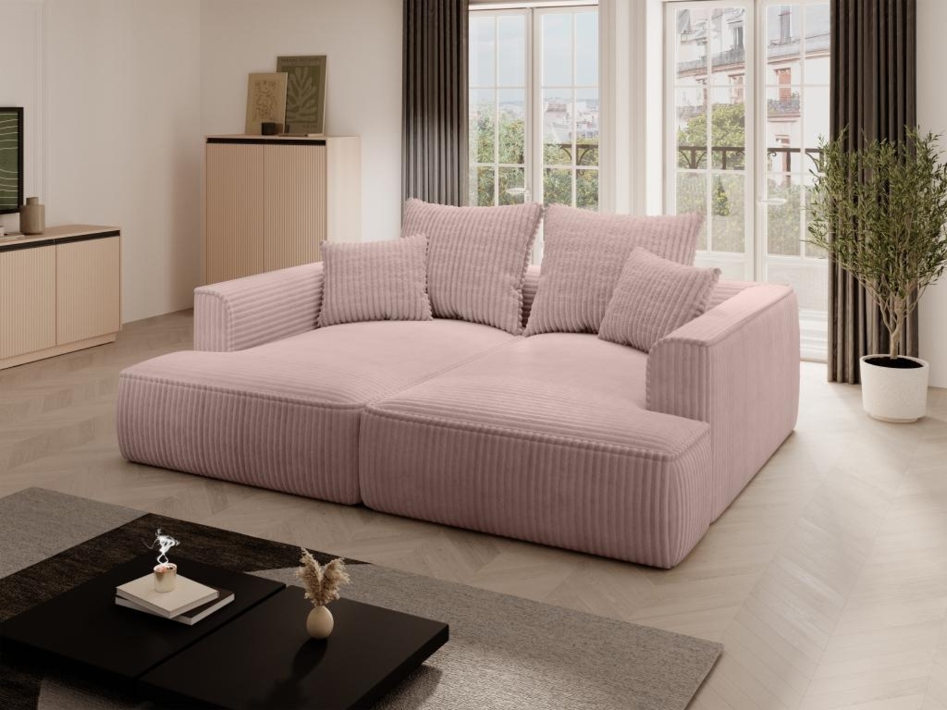 Vente-unique - Sofa 3-Sitzer - tiefe Komfortsitzfläche - grob gerippter Cord - Puderrosa - PINETA Bild 1