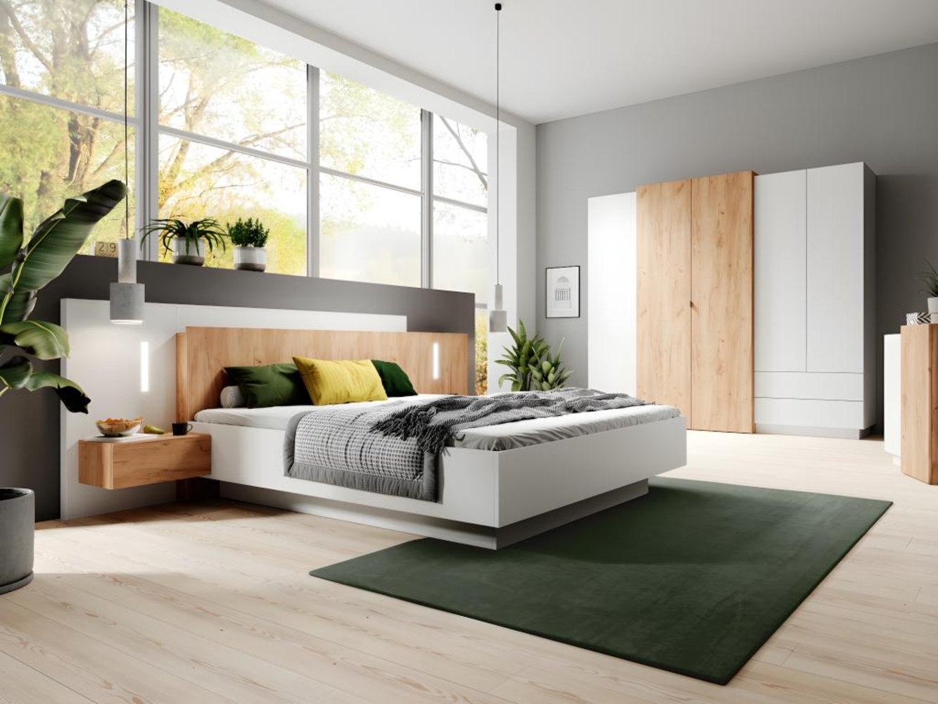 Vente-unique - Bett mit Bettkasten mit Nachttischen - 160 x 200 cm - 2 Schubladen + LEDs - Weiß & Holzfarben - FRANCOLI Bild 1
