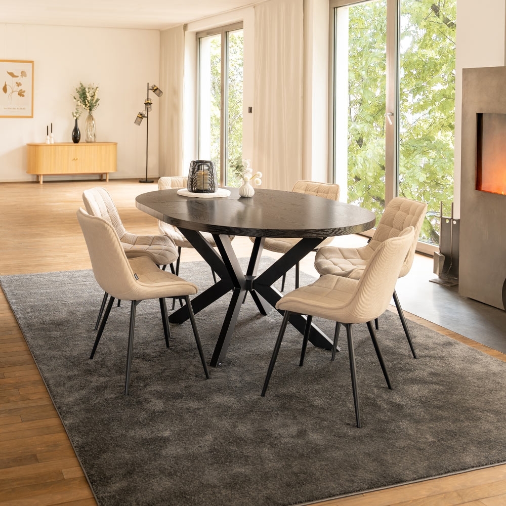 HOME DELUXE Essgruppe Rund Ausziehbar AVENTURA inkl. Sternfuß - 120-160 x 120 cm Dark Oak 6 Stühle Creme Bild 1