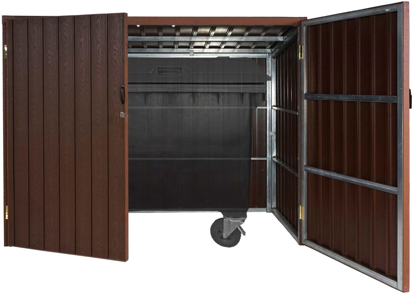 Mülltonnenverkleidung HWC-J29, Mülltonnenbox für Müllcontainer 660-770L, WPC Metall 172x213x112cm ~ braun Bild 1