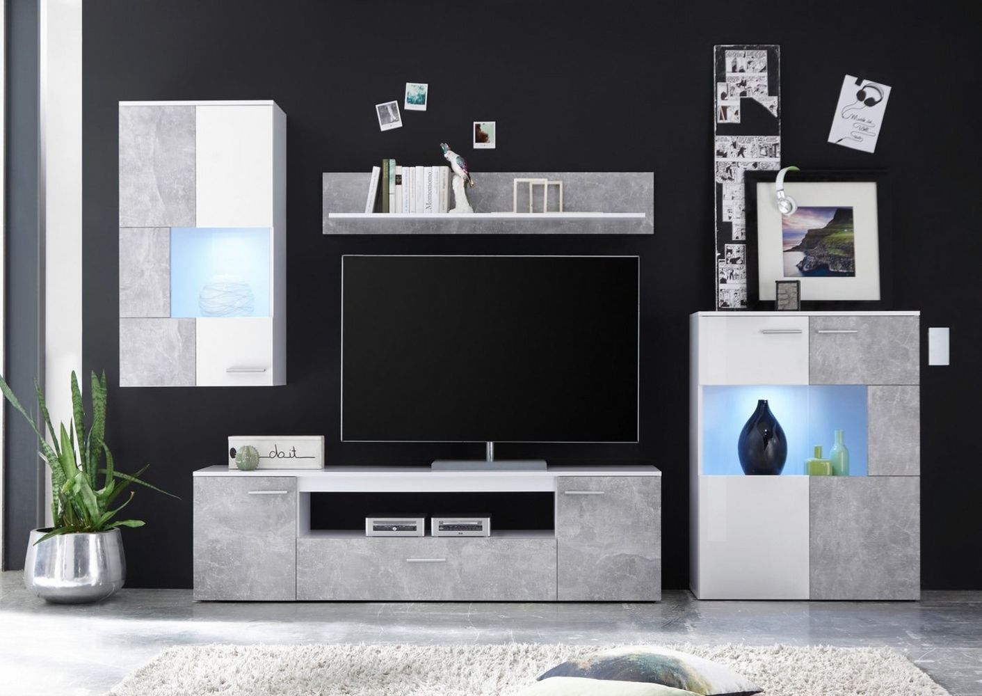 Stella Trading Vulcan Wohnwand Komplett-Set in Beton Optik, Weiß - Moderne Schrankwand mit LED-Beleuchtung für Ihr Wohnzimmer - 290 x 194 x 40 cm (B/H/T) Bild 1
