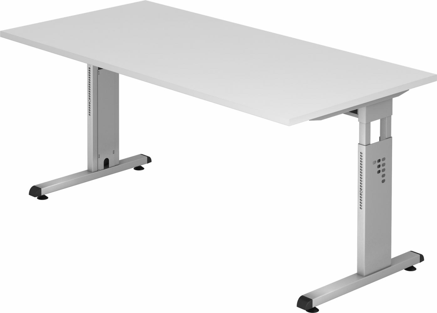 bümö höhenverstellbarer Schreibtisch O-Serie 160x80 cm in weiß, Gestell in Silber - PC Tisch für's Büro manuell höhenverstellbar, Computertisch verstellbar, OS-16-W-S Bild 1