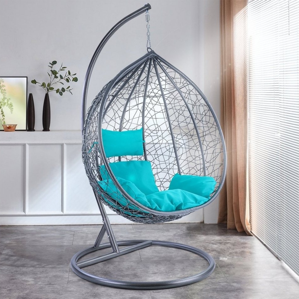 Luxus Hängesessel Miami XL Rattan Korb hellgrau Gestell silber Kissen Türkis Bild 1