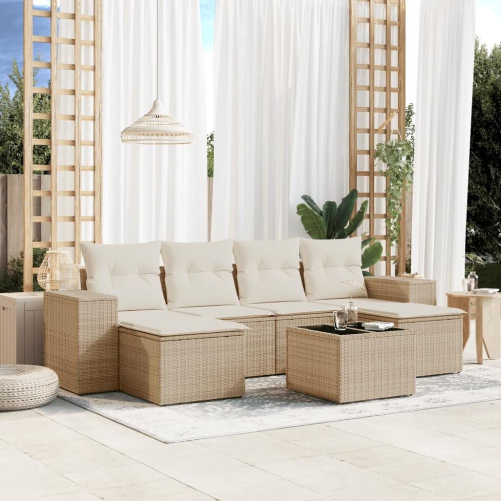 vidaXL 7-tlg. Garten-Sofagarnitur mit Kissen Beige Poly Rattan 3222927 Bild 1