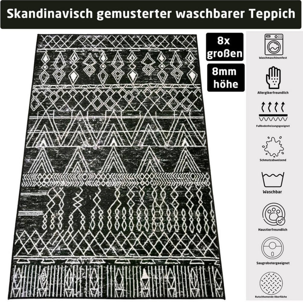 Jungengel Teppich Wohnzimmer Skandinavien Design Schwarz Flach Waschbar Läufer Carpet, Rechteckig, Höhe: 8 mm, Flache Oberfläche, 8mm, Fußbodenheizungsgeeignet, Saugroboterkomform Bild 1