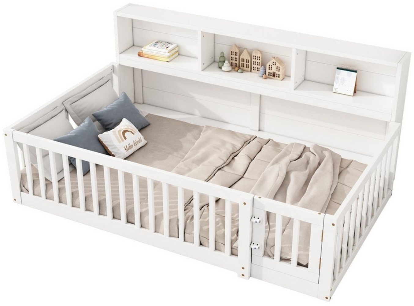 HAUSS SPLOE Kinderbett 90x200 Tagesbett Schlafsofa Bettseite mit Staufach Weiß Ohne Matratze (mit Lattenrost und Staufach – Ideal als Schlafsofa für Kinderzimmer und Wohnzimmer, sicheres Bett mit Geländer 90x200 cm), Ohne Matratze Bild 1