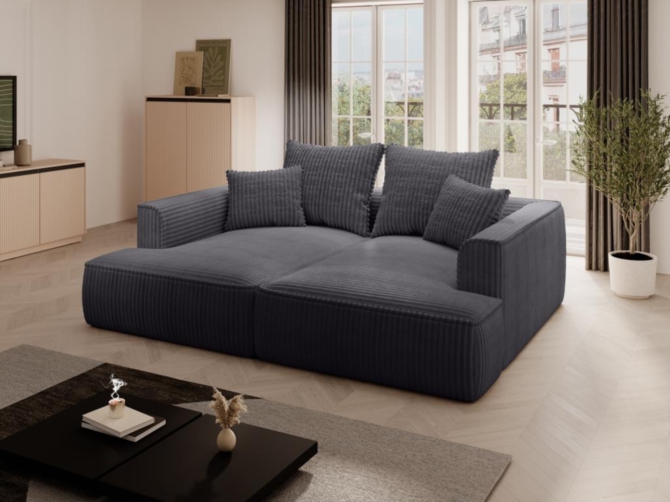 Vente-unique - Sofa 3-Sitzer - tiefe Komfortsitzfläche - grob gerippter Cord - Schwarz - PINETA Bild 1