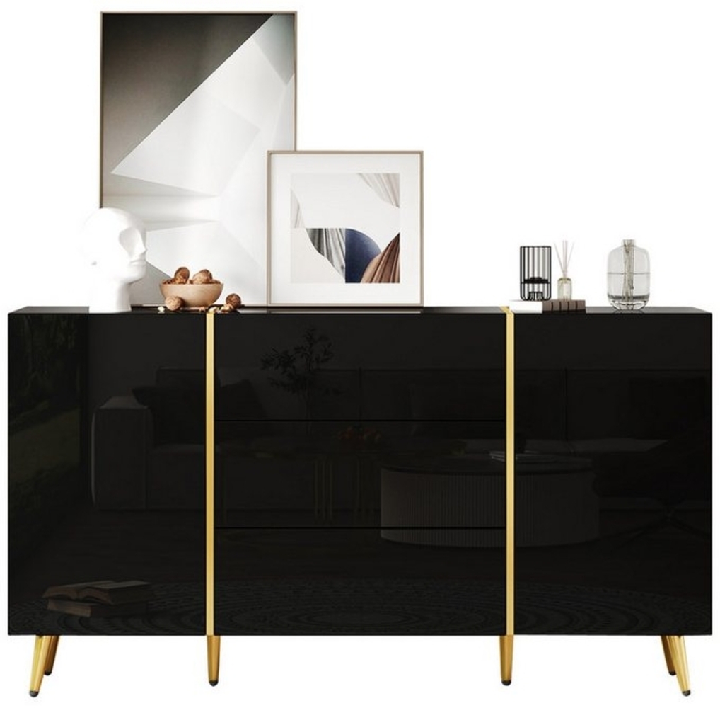 MODFU Sideboard Moderner Aufbewahrungsschrank mit Golddekoration (Kommode, Anrichte, Wohnzimmerschrank, Aufbewahrungsschrank, Buffetschrank, 1 St, 2 Türen, 3 Schubladen), mit höhenverstellbaren Mitteltrenner Bild 1