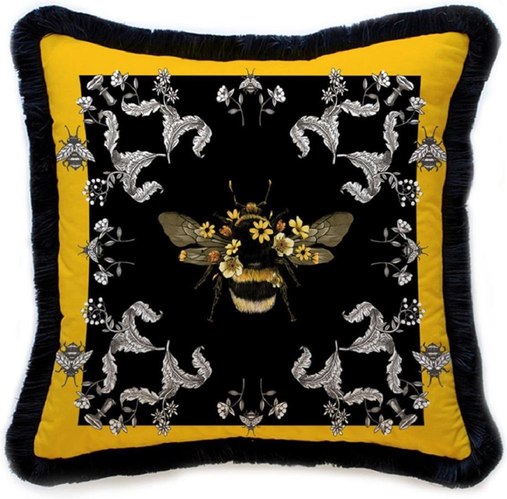 Casa Padrino Luxus Deko Kissen Hummel & Blumen Mehrfarbig / Schwarz 45 x 45 cm - Bedrucktes Samt Kissen mit Fransen - Luxus Deko Accessoires Bild 1