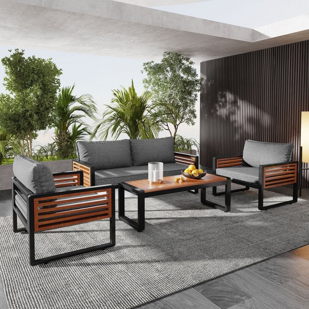 HAUSS SPOLE Gartenlounge-Set 4 er Set, 1 Sofa, 2 Einzelstühle, Tisch, Armlehnen aus Holz, Graue, (4-tlg) Bild 1