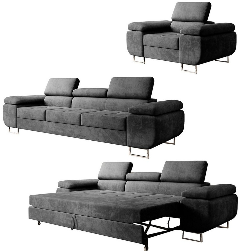 M-Punkt24 Polstergarnitur Miami, (3-2-1 Set, 3-3-1 Set, Samtstoff Grau Anthrazit), mit Bettfunktion und verstellbare Kopfstützen Bild 1