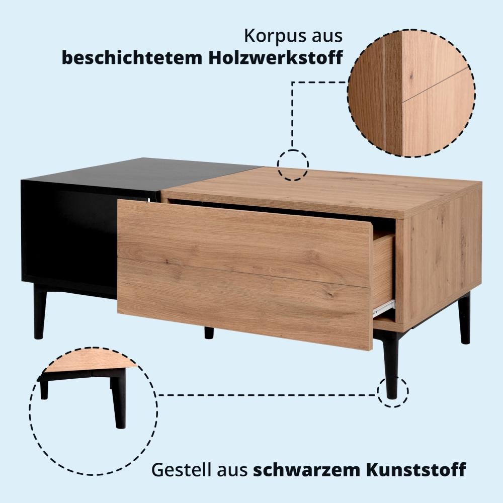 KHG Couchtisch mit 2 Fächern & 1 Schubladen modern, Wohnzimmer-Tisch aus Holzwerkstoff Holzoptik lackiert, Gestell & Akzente in schwarz - 120 x 50 x 38 cm (B/H/T) Bild 1