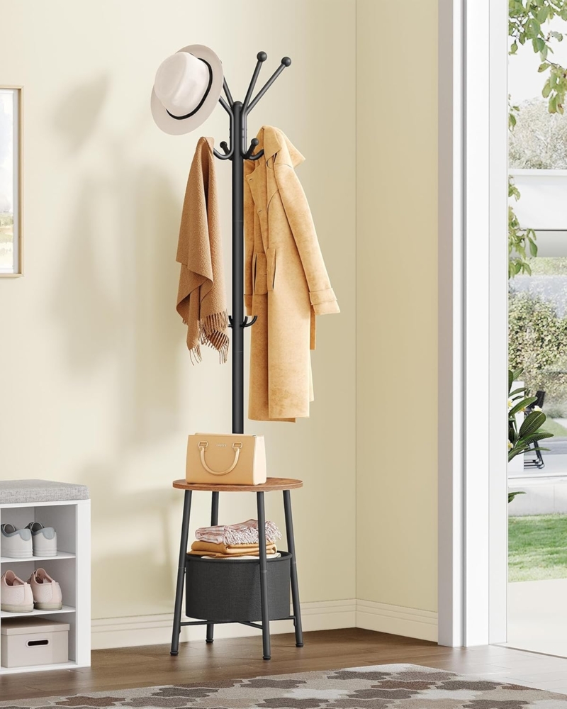 Garderobenständer, Freistehende Kleiderständer mit Großer Aufbewahrungskorb, Garderobe mit 1 Ablagen, 12 Haken, 182 cm Hoch, für Eingangsbereich, Schlafzimmer, Vintagebraun-Schwarz Bild 1