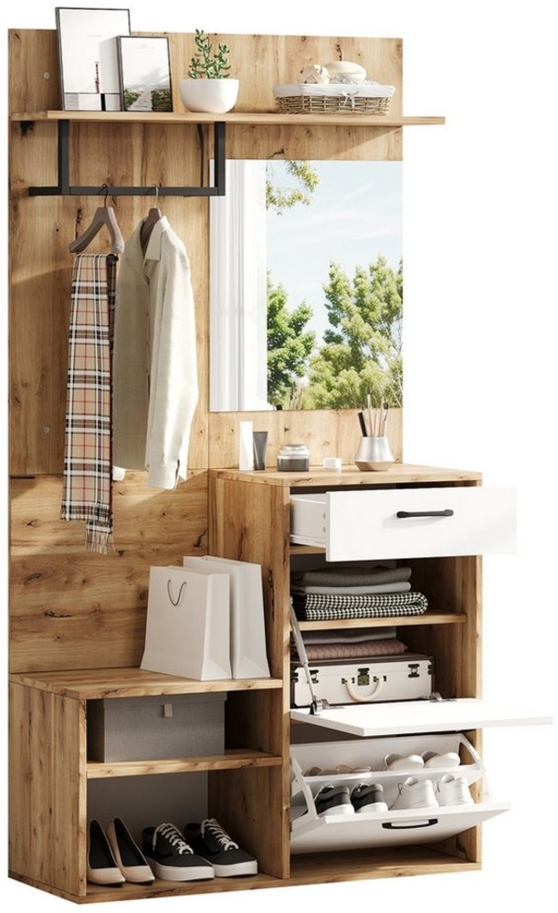 MODFU Garderoben-Set halboffenen Stauraum, (Kompaktgarderobe, Flurschrank, 1-St, 100*38.5*190cm), mit Spiegel Bild 1