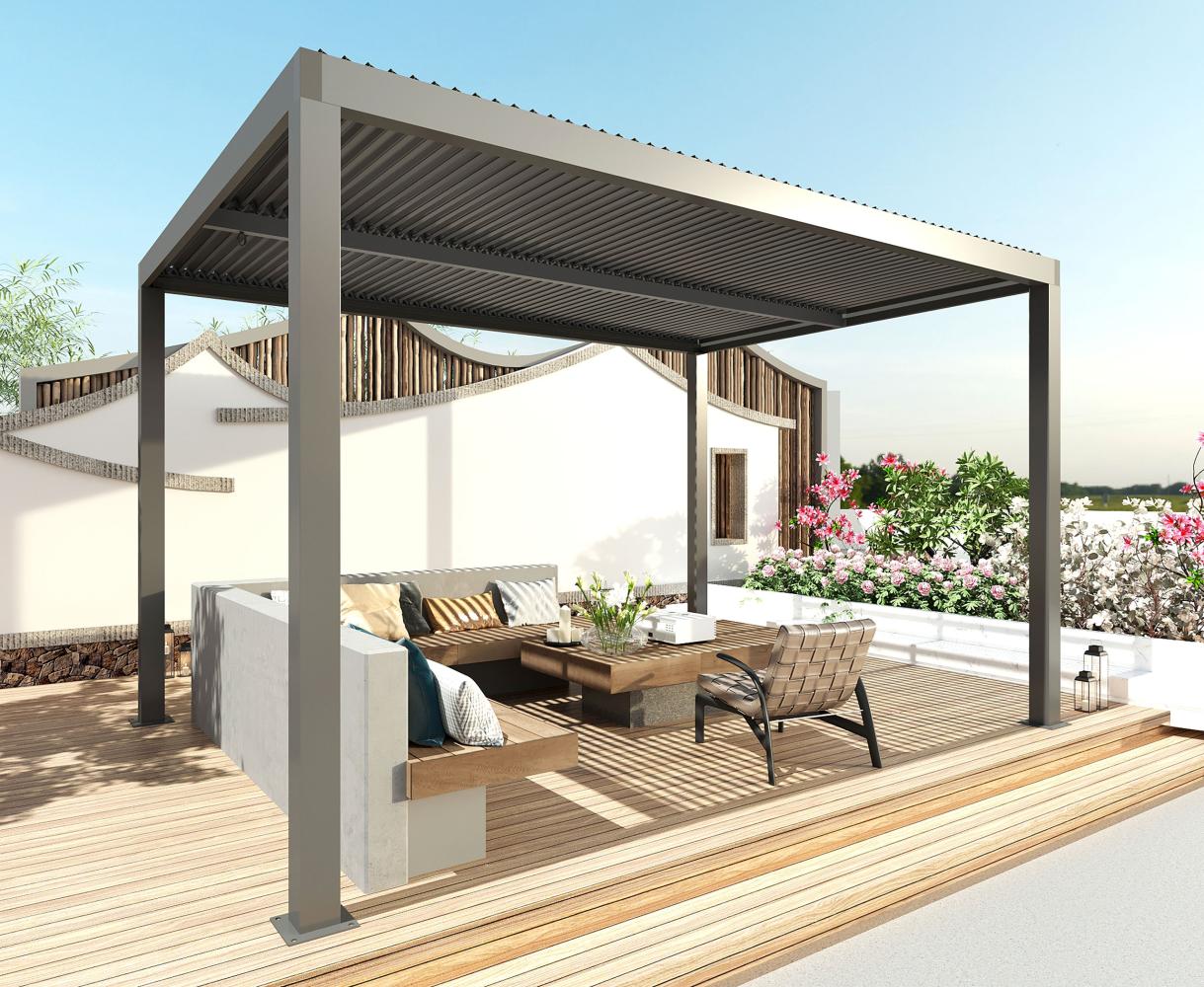 Pergola HWC-L46, Gartenpavillon Lamellen-Pavillon, 11cm-Aluminium-Gestell, Regenrinne sturmfest, 3x3m ~ anthrazit Bild 1