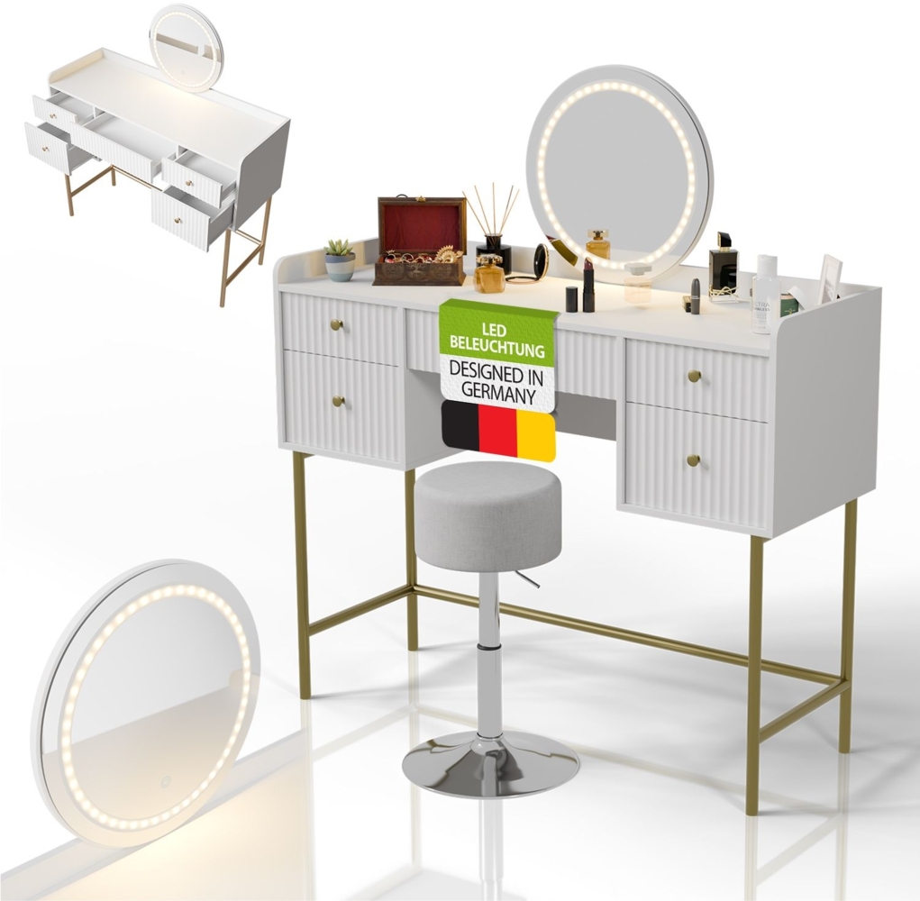 Juskys Schminktisch Samira & Hocker Tonia mit Touch-LED-Spiegel, 5 Schubladen, viel Stauraum & elegantes Design für Schlafzimmer & Make-up – Weiß/Gold Bild 1