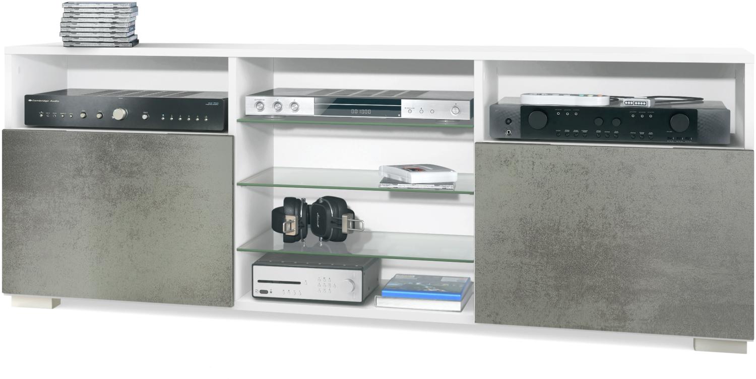 TV-Board Granada, Lowboard mit 2 Türen und 6 offenen Fächern, Korpus Weiß matt, Fronten in Beton dunkel Optik (146 x 54 x 35 cm) Bild 1