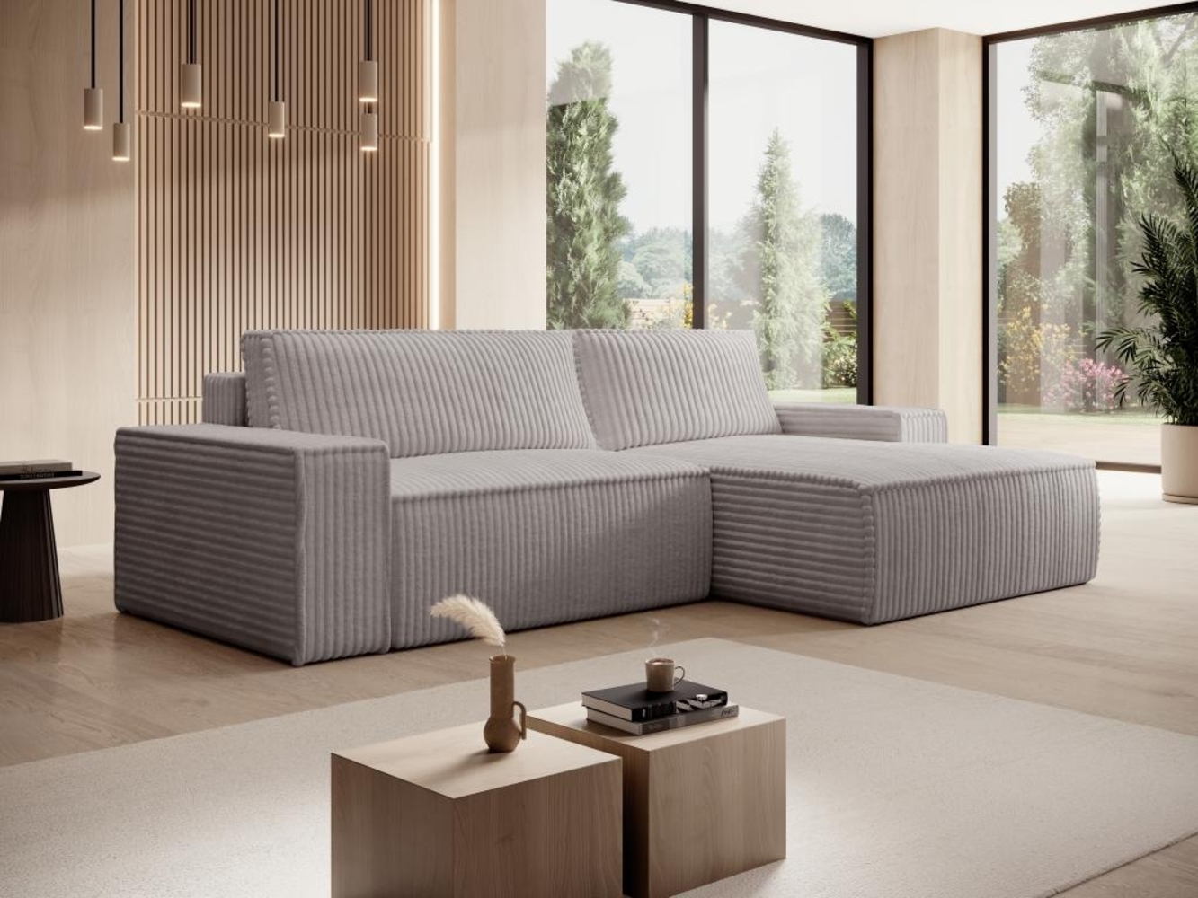 Vente-unique - Ecksofa mit Schlaffunktion - Ecke rechts - grob gerippter Cord - Hellgrau - AMELIA Bild 1