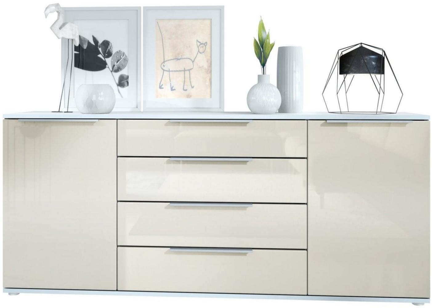 Vladon Sideboard Linio V2 166,5 x 72,5 x 35 cm Anrichte mit 2 Türen und 4 Schubladen, Korpus in Weiß matt, Fronten in Creme Hochglanz Bild 1