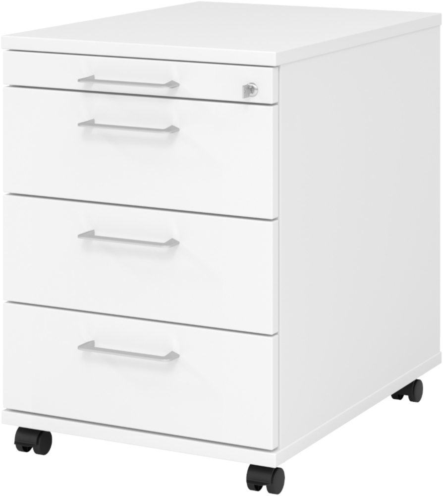bümö Rollcontainer mit Schubladen, Container abschließbar aus Holz in weiss - Rollwagen für's Büro als Schreibtisch Unterschrank, Bürocontainer od. Schreibtischcontainer mit Bügelgriffe, AC30-W-W-BS Bild 1