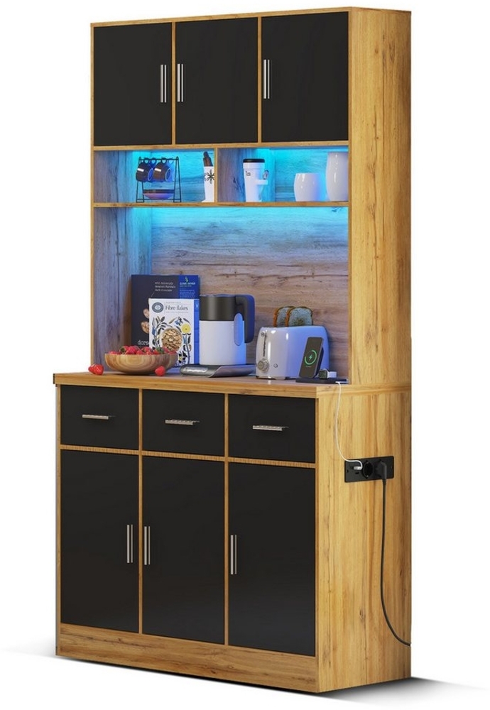 Flieks Küchenbuffet mit LED-Beleuchtung und Steckdosen (1-St, 100 x 40 x 180 cm) Hochschrank Küchenschrank Geschirrschrank mit verstellbare Ablagen Bild 1