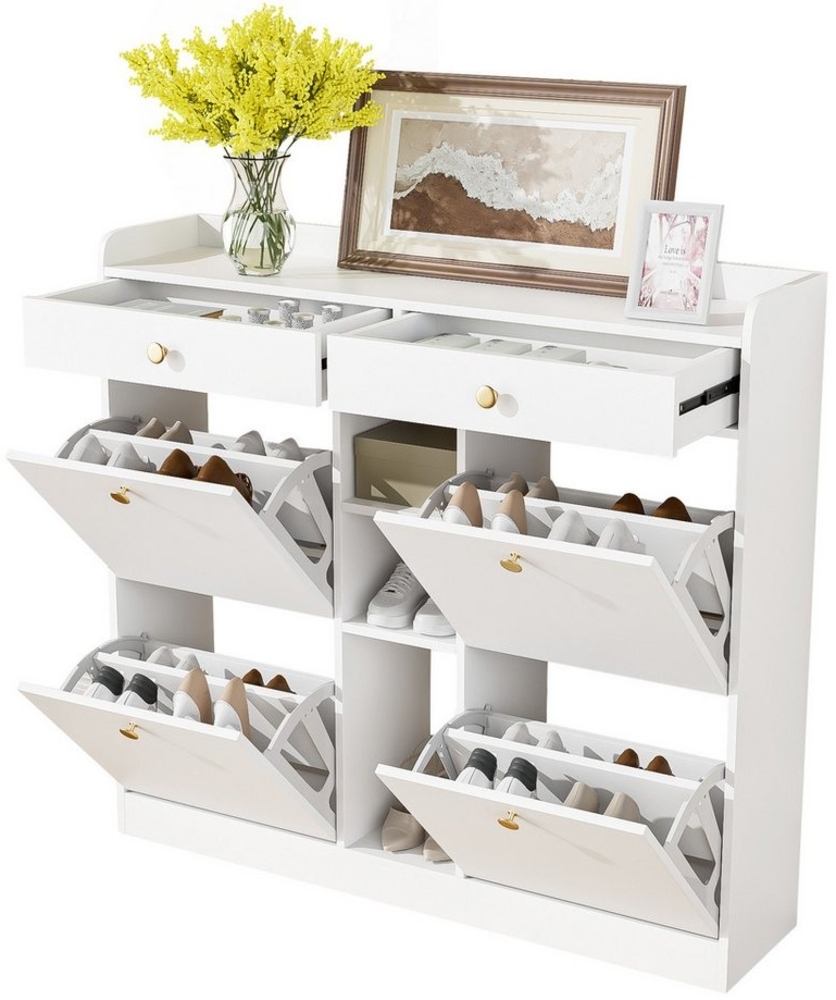 MODFU Schuhschrank Schuhschrank mit minimalistischen Design (Schuhbank, Schuhregal, Schuhkommode, 1-St, Kompakte Größe für Flur und kleine Räume) mit 4 Klappentüren, 2 Schubladen und 3 offenen Fächern Bild 1