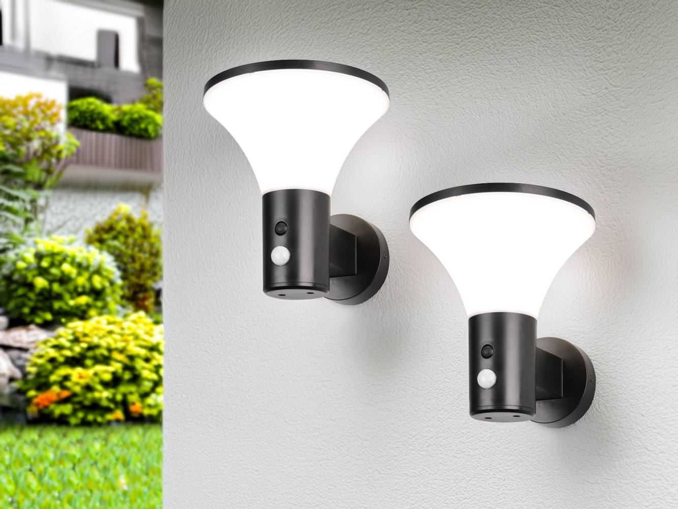 2er SET Außenwandleuchten mit Solar und Strom, Hybrid mit Bewegungsmelder Bild 1
